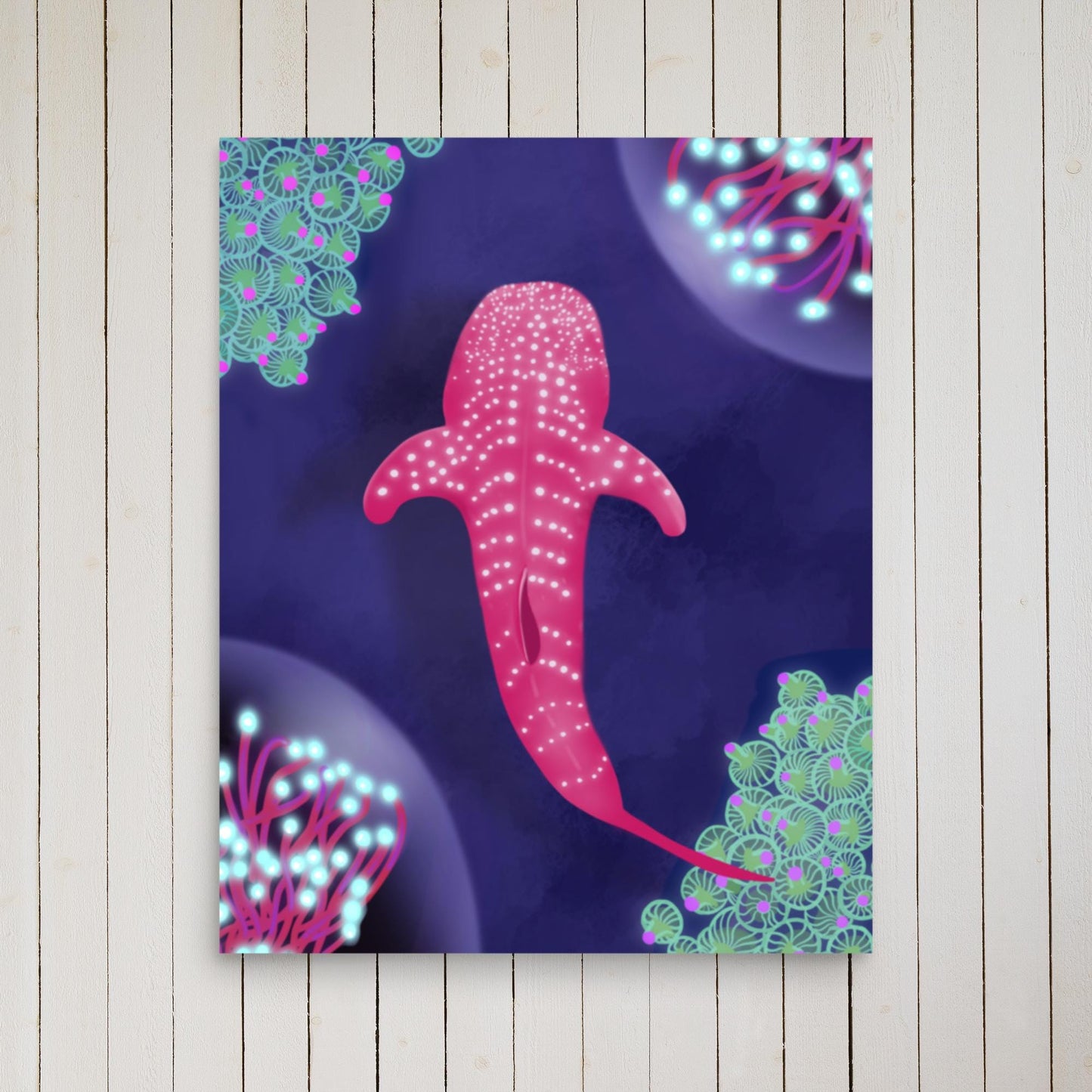 Pink Glowing Whale Shark Ocean Art • Underwater Sea Life Wall Decor