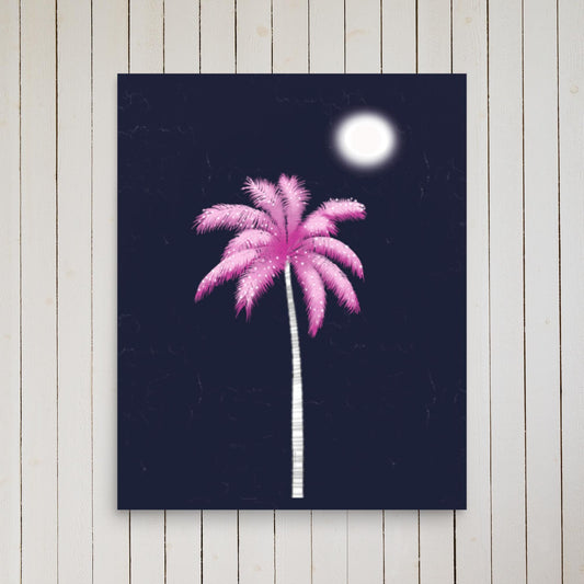 Pink Palm Tree Art Print | Tropical Night Wall Art | Coastal Boho Decor
