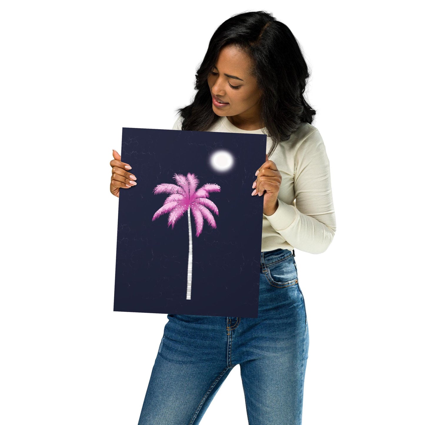 Pink Palm Tree Art Print: Tropical Night Scene, Coastal Boho Wall Decor