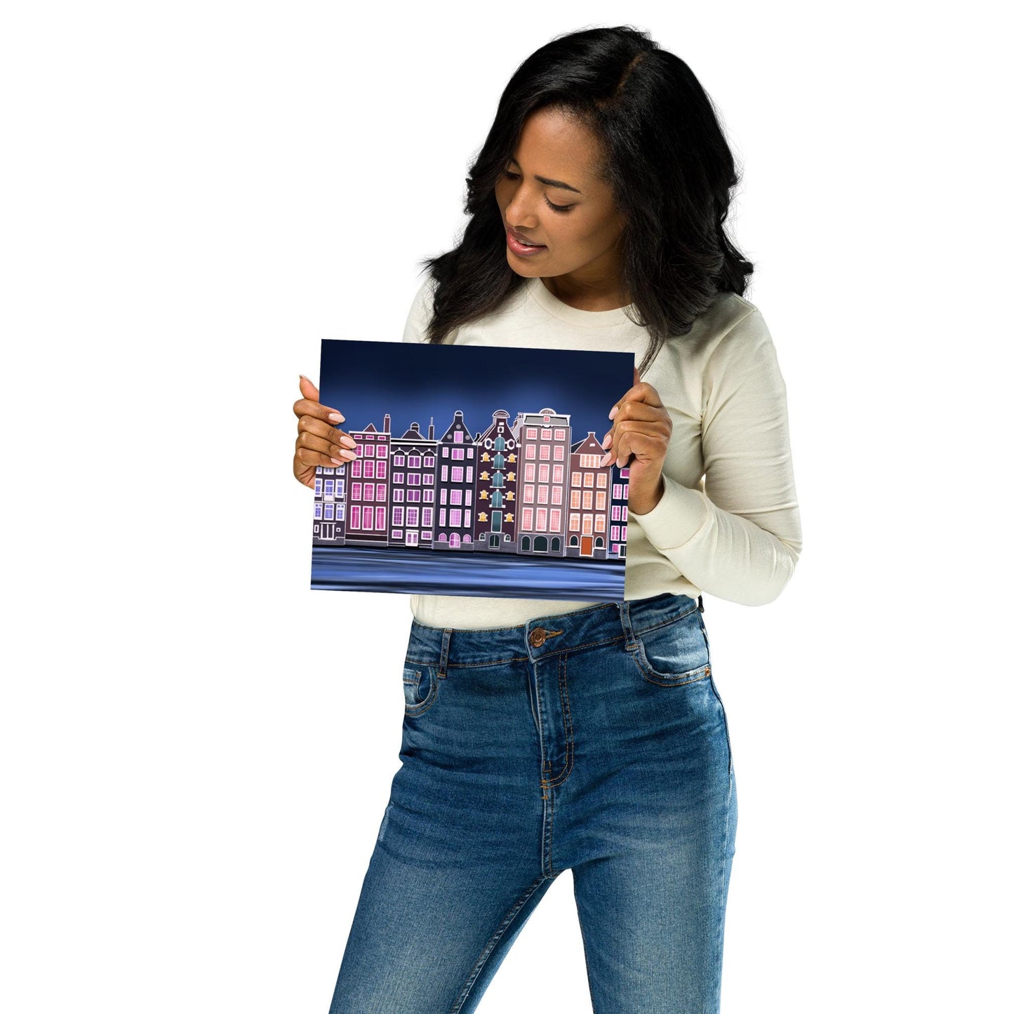 Amsterdam Canal House Print: Hand-Painted European Architecture, Framed