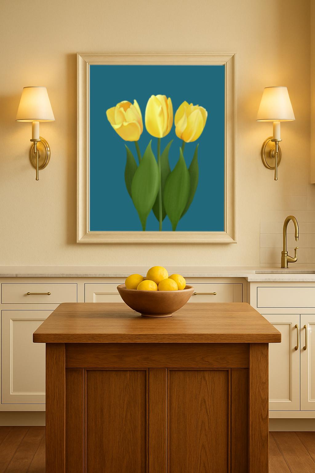 Yellow Tulip Floral Wall Art Print | Hand-Painted Botanical Decor on Teal