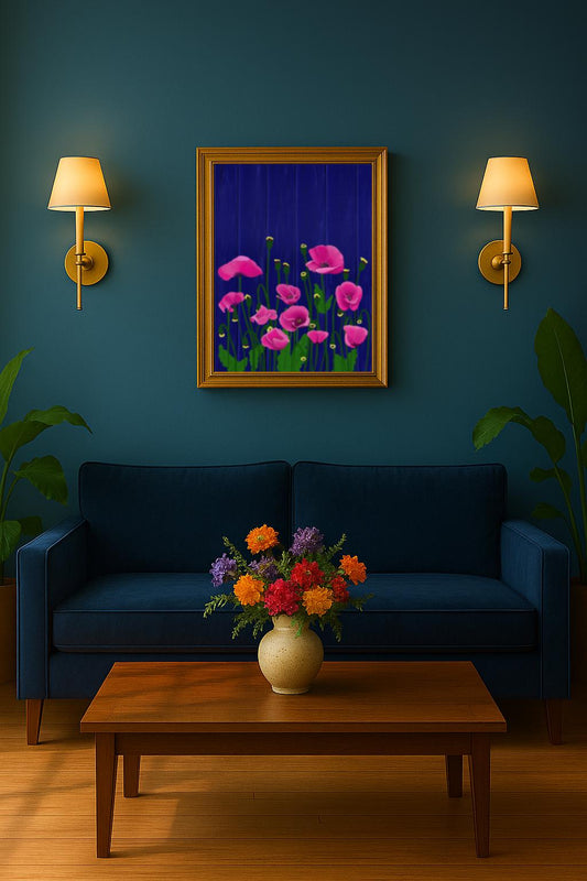 Pink Poppy Garden Wall Art | Framed Prints & Posters | Blue Fence Floral Decor