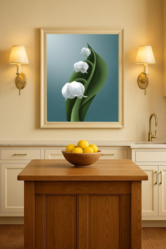Lily of the Valley Wall Art | Hand-Painted Botanical Print on Teal