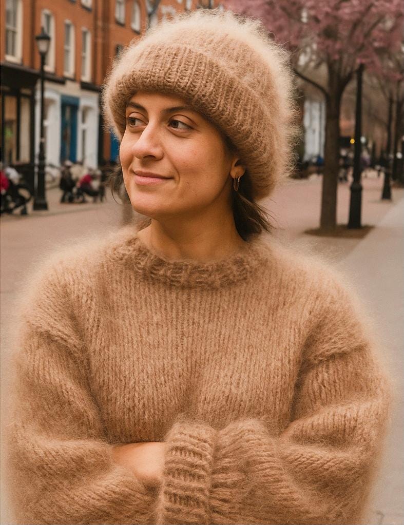 Hand-Knit Mohair Pullover: Oversized Crew Neck Sweater, Cuffed Sleeves