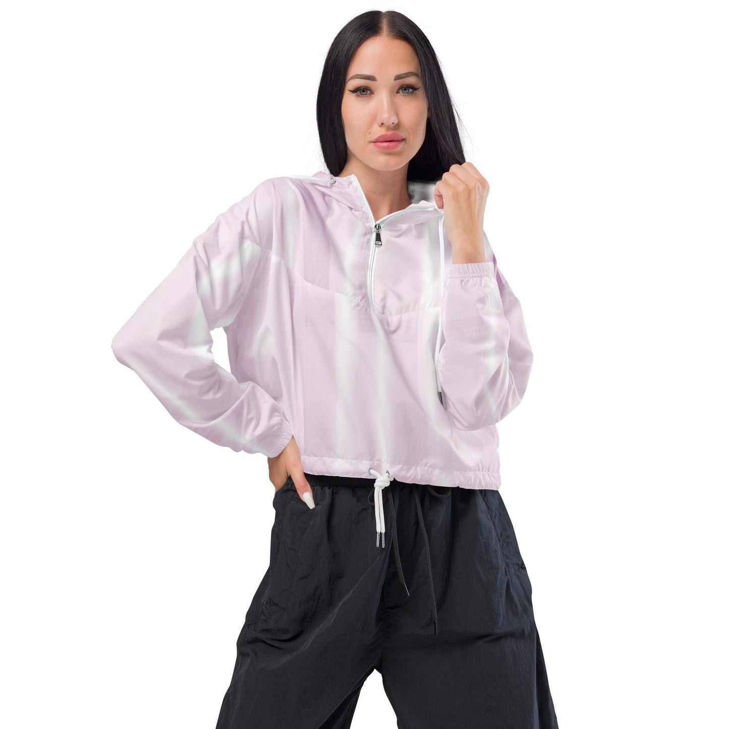 Baby Pink & White Cropped Windbreaker Hoodie – Women's Water-Resistant Jacket