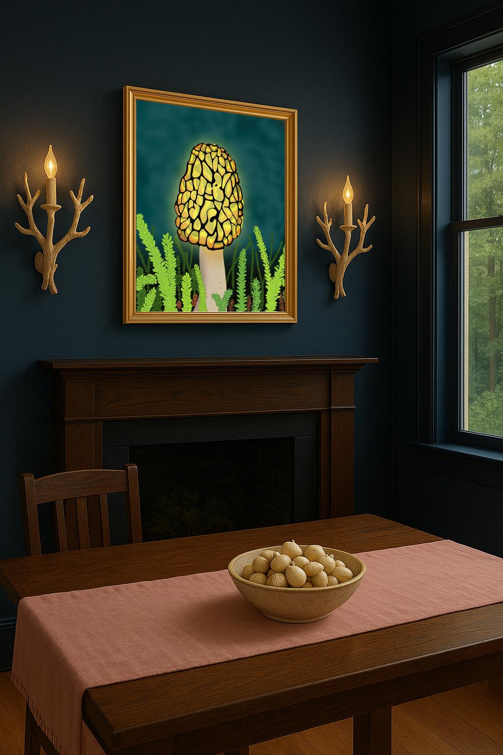 Glowing Morel Mushroom Art Print: Hand-Painted Forest Fungi Illustration