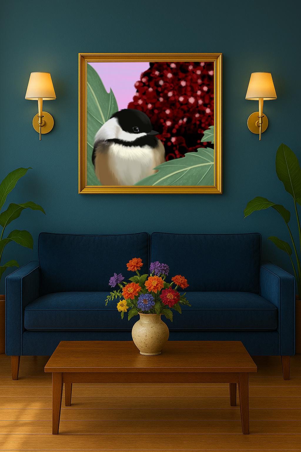 Chickadee & Sumac Tree Art Print: Hand Painted Nature Decor