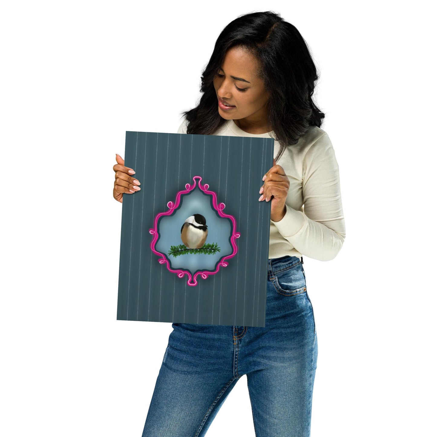 Chickadee on Pine Branch | Bird Portrait Digital Painting | Whimsical Bird Art | Dark Blue Pinstripe