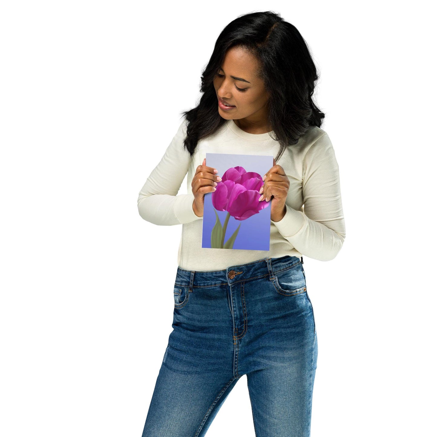 Fuchsia Tulip Art Print: Hand-Painted Botanical Illustration on Blue