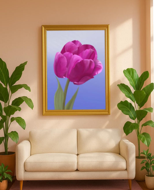 Fuchsia Tulip Wall Art | Hand-Painted Botanical Print on Blue