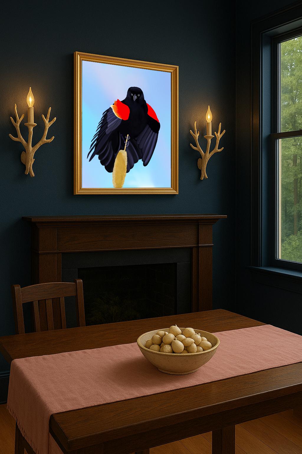 Red-Winged Blackbird Art Print – Hand-Painted Wildlife | Nature Wall Decor