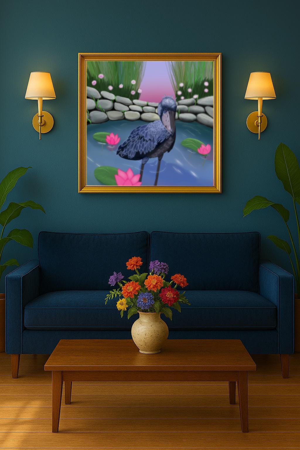 Shoebill Stork Wall Art | Hand-Painted Bird in Lotus Pond