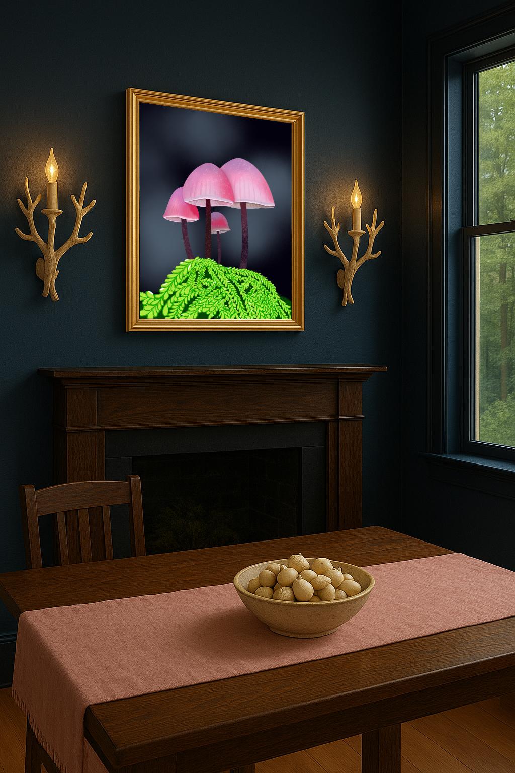 Pink Mushroom Botanical Print: Whimsical Forest Fantasy Decor