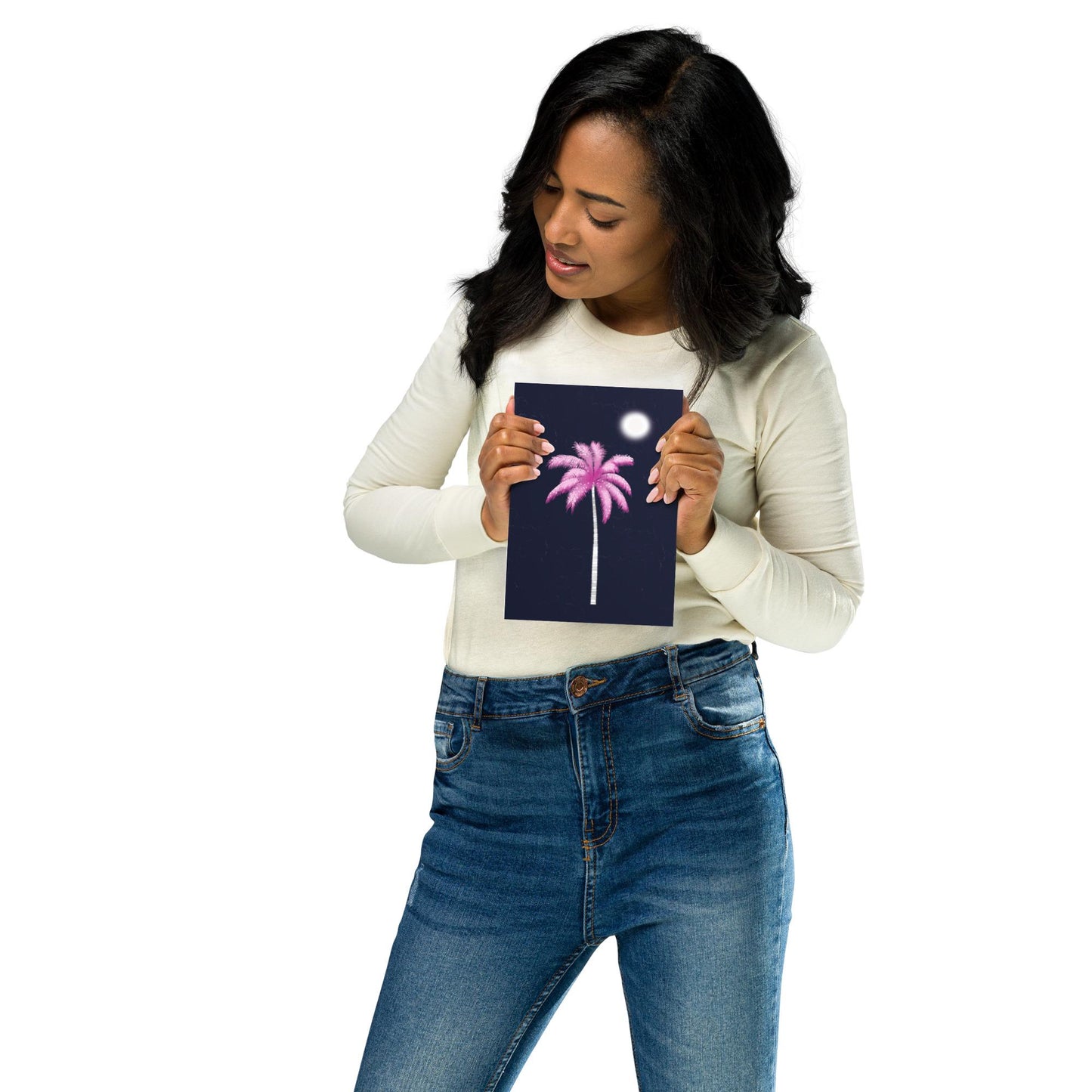 Pink Palm Tree Art Print: Tropical Night Scene, Coastal Boho Wall Decor