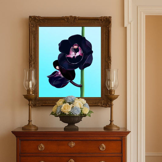 Black Orchid Wall Art | Hand-Painted Floral Print – Framed or Unframed