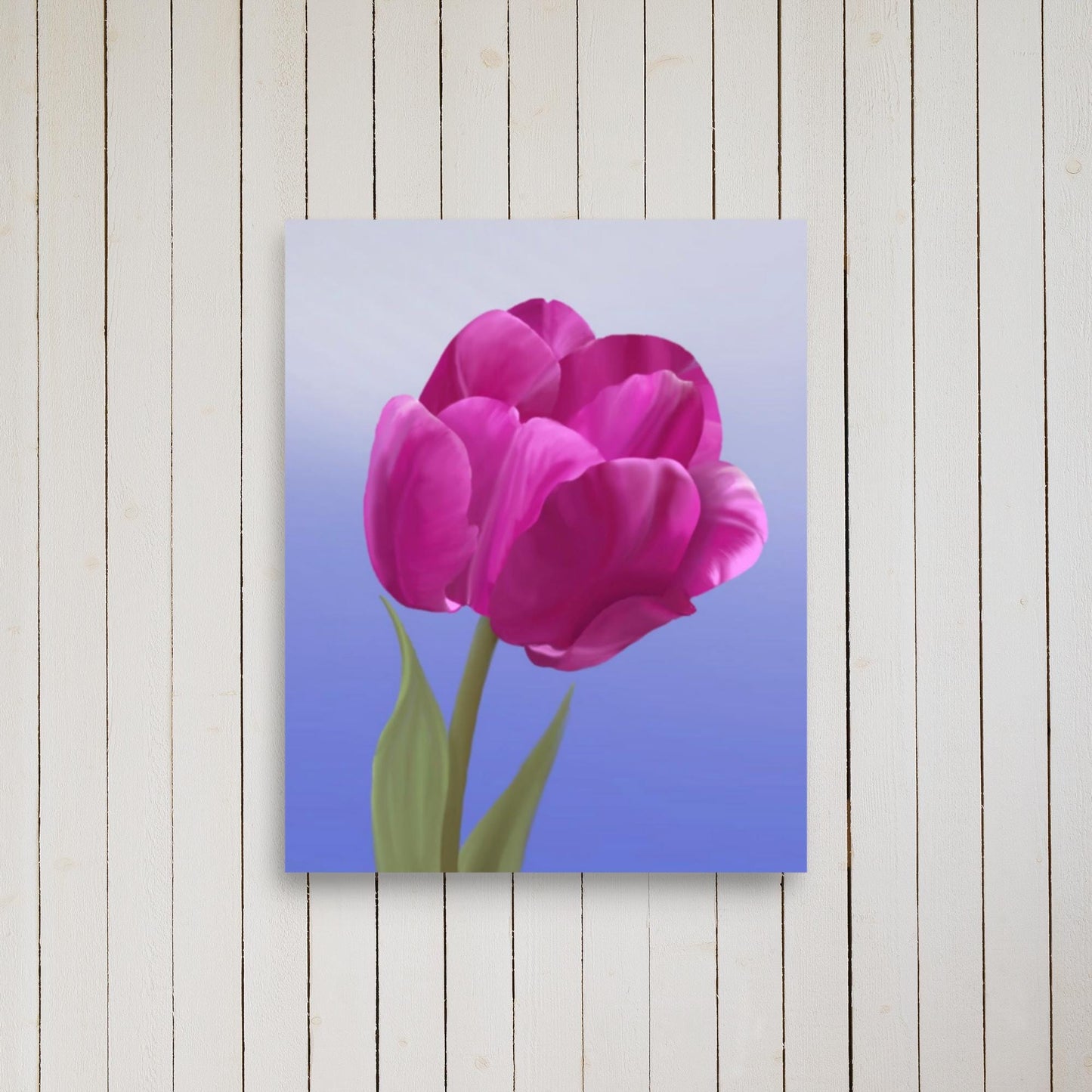 Fuchsia Tulip Art Print: Hand-Painted Botanical Illustration on Blue