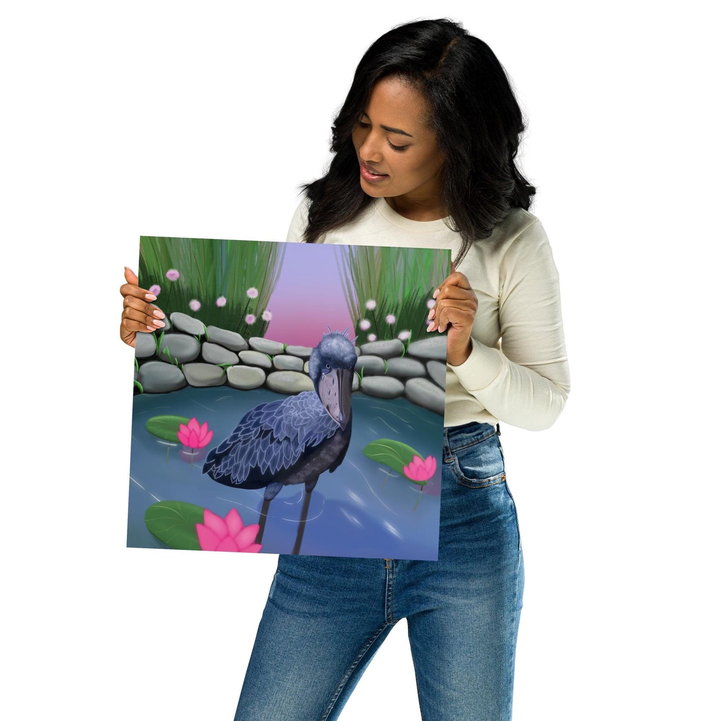 Shoebill Stork Wall Art | Hand-Painted Bird in Lotus Pond