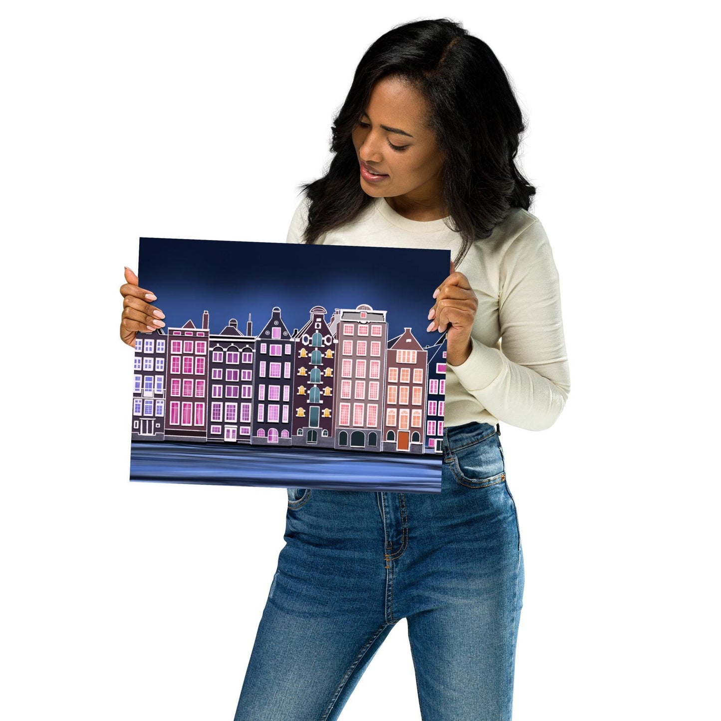 Amsterdam Canal House Print: Hand-Painted European Architecture, Framed