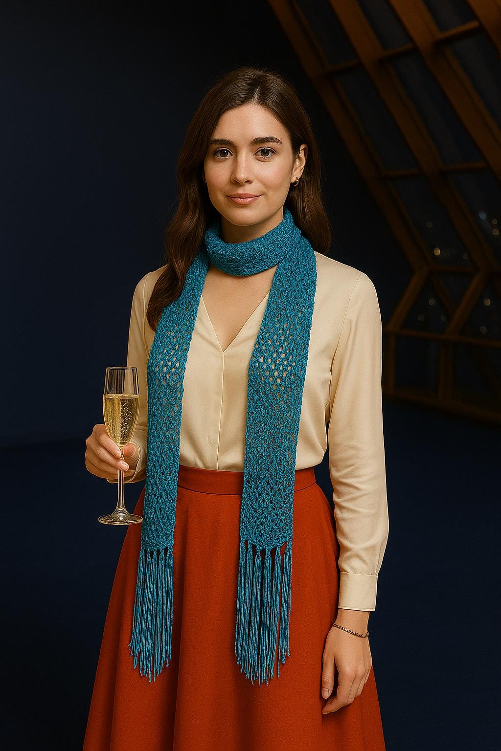 Teal Blue Crocheted Chainmail Scarf: Shimmery Metallic Tassel Shawl