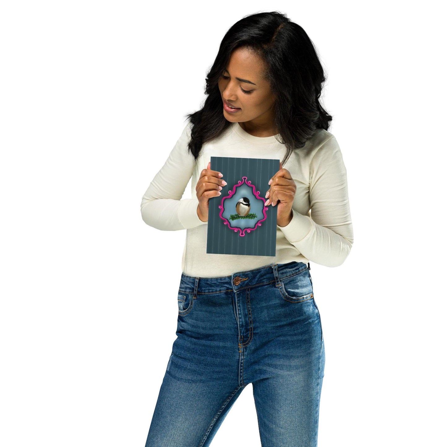 Chickadee on Pine Branch | Bird Portrait Digital Painting | Whimsical Bird Art | Dark Blue Pinstripe