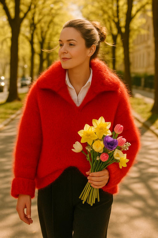 Hand Knit Red Mohair V-Neck Sweater: Oversized Luxury Pullover