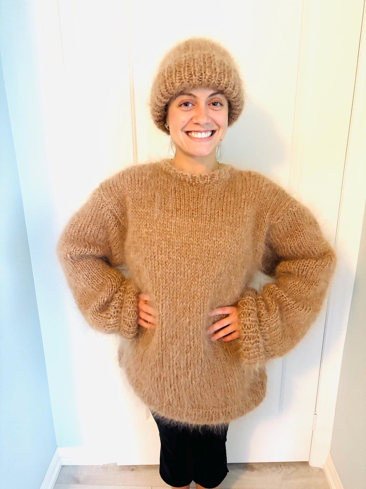 Hand-Knit Mohair Pullover: Oversized Crew Neck Sweater, Cuffed Sleeves