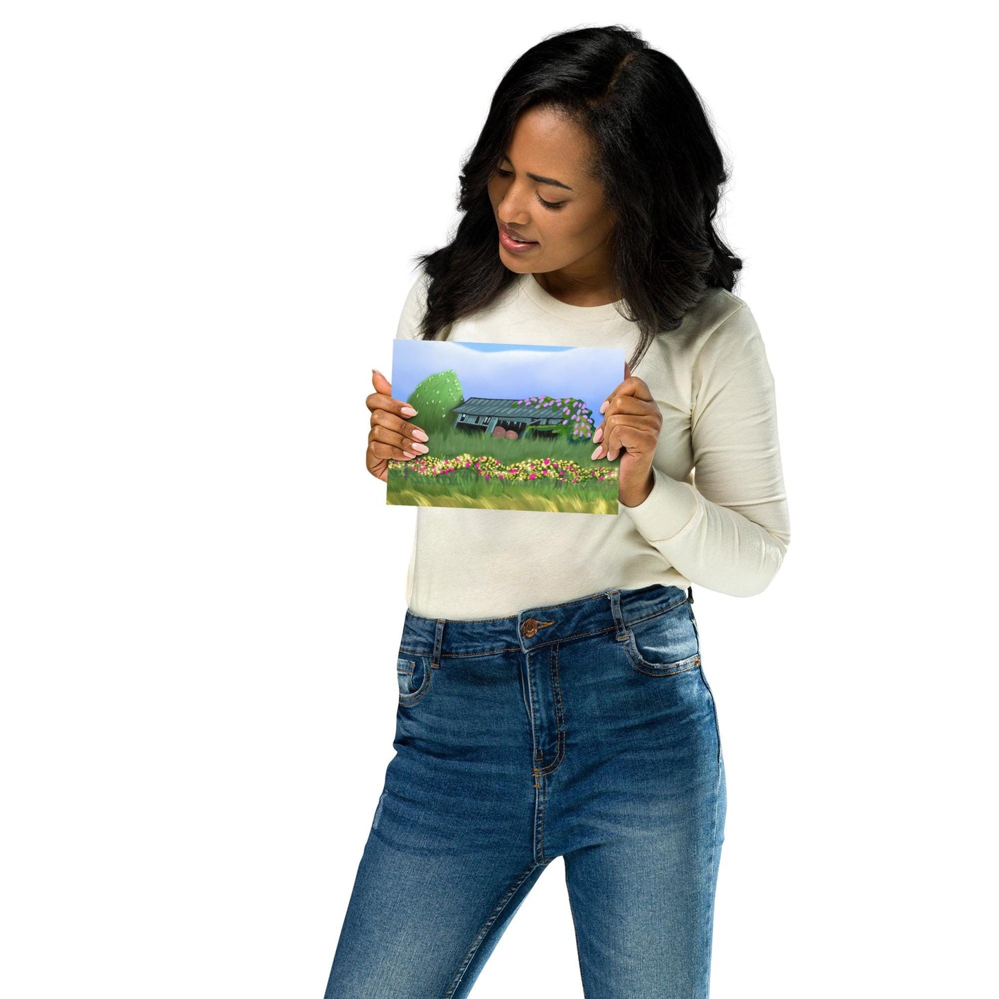 Countryside Barn Landscape Poster: Lilacs, Florals, Rustic Fence