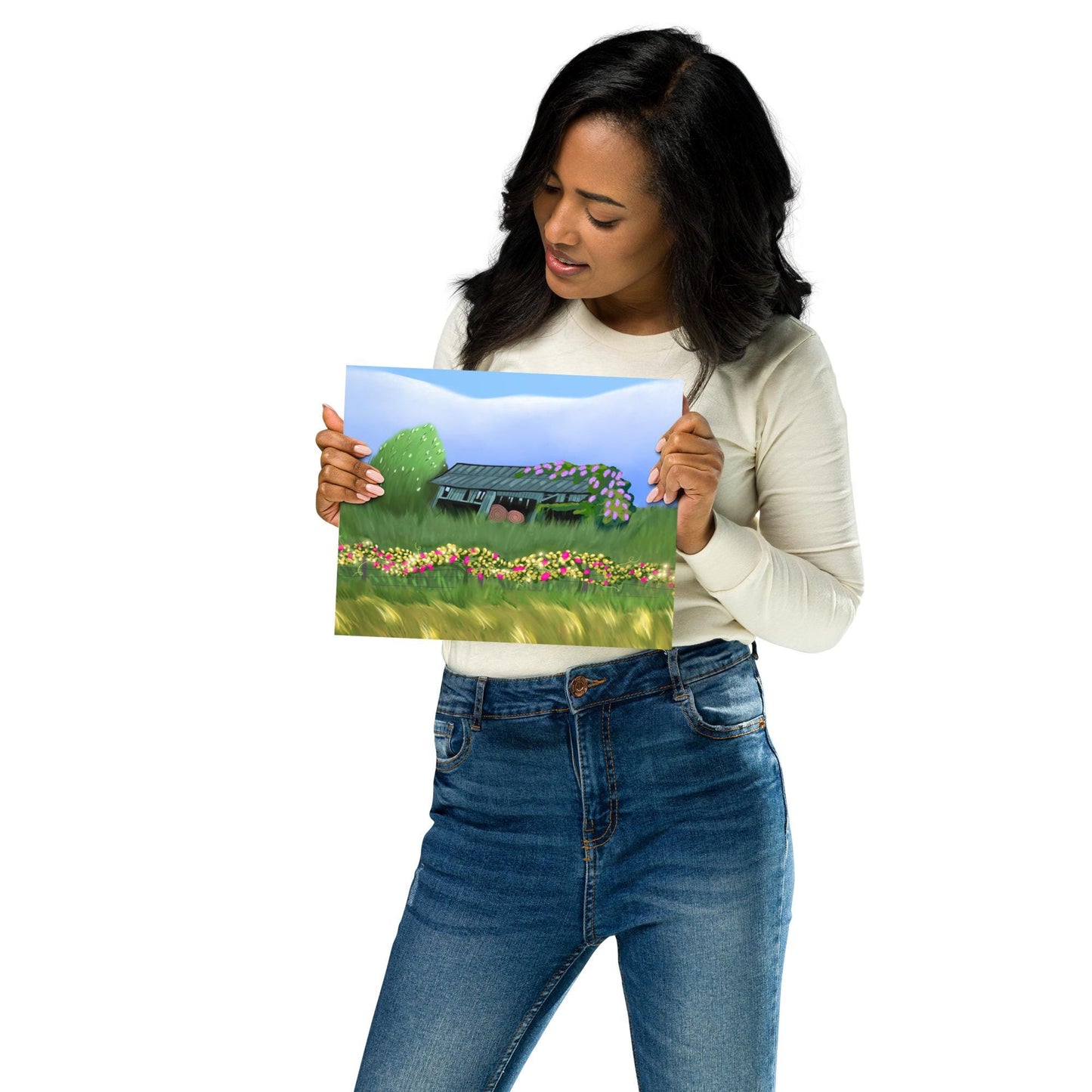 Countryside Barn Landscape Poster: Lilacs, Florals, Rustic Fence