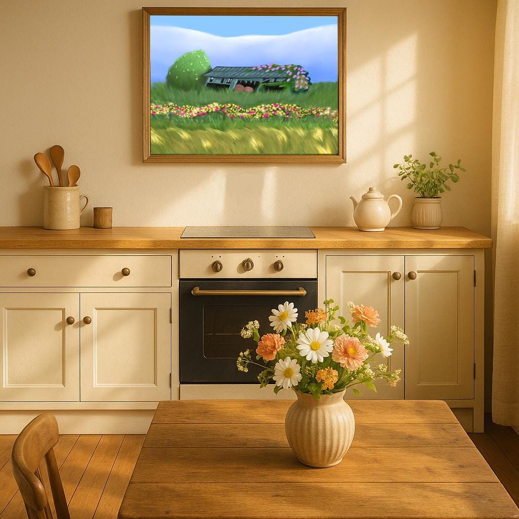 Countryside Barn Landscape Poster: Lilacs, Florals, Rustic Fence