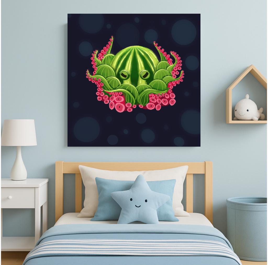 Watermelon Octopus Wall Art – Whimsical Kids’ Ocean Print for Nursery, Bedroom & Bathroom