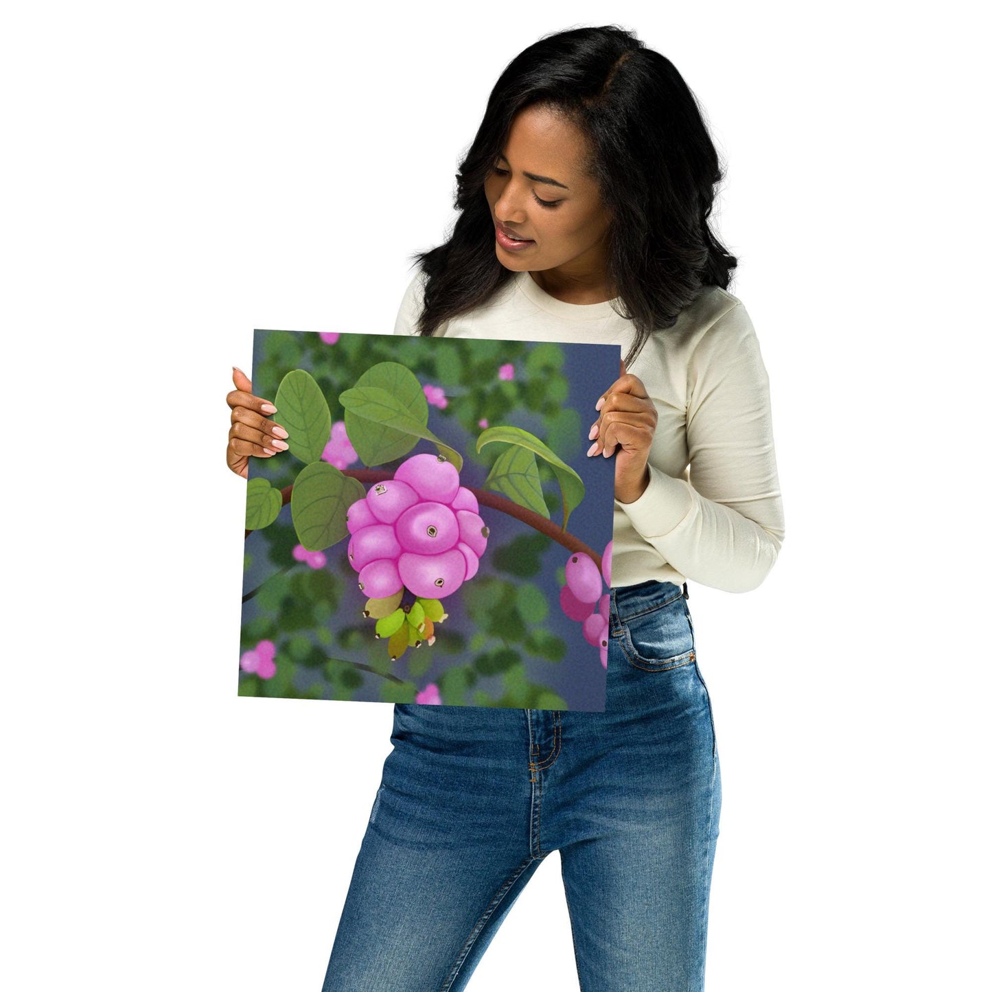 Pink Snowberries Botanical Print: Vibrant Watercolor Style Wall Art