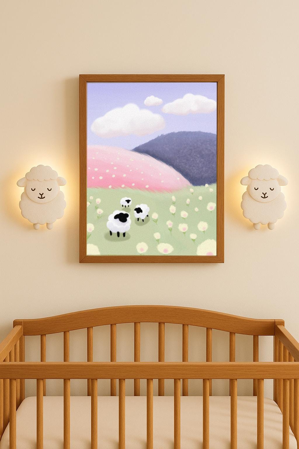 Pastel Sheep Meadow Print: Nursery Landscape Illustration