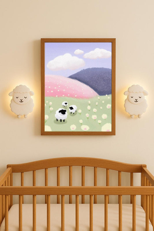 Pastel Sheep Meadow Wall Art – Whimsical Nursery Print | Framed or Unframed
