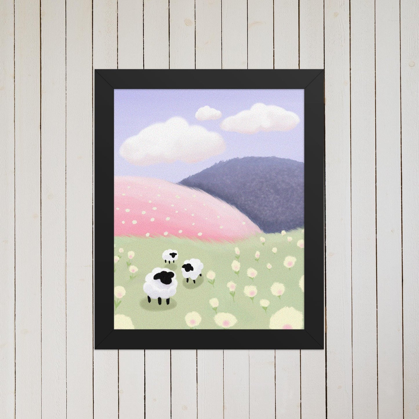 Pastel Sheep Meadow Print: Nursery Landscape Illustration