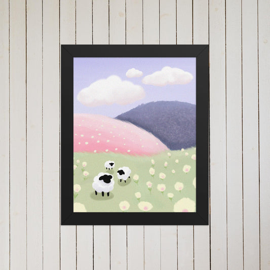 Pastel Sheep Meadow Print: Nursery Landscape Illustration
