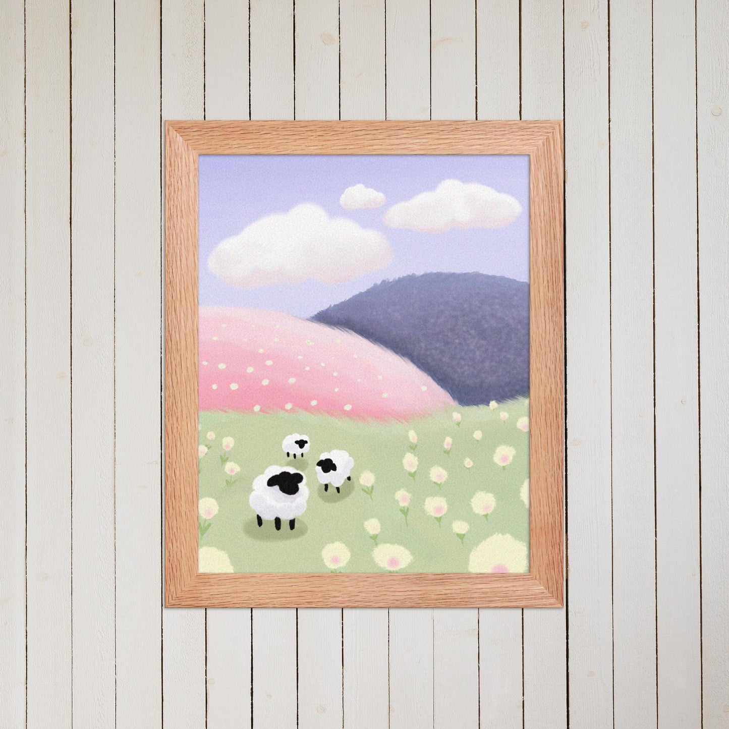 Pastel Sheep Meadow Print: Nursery Landscape Illustration