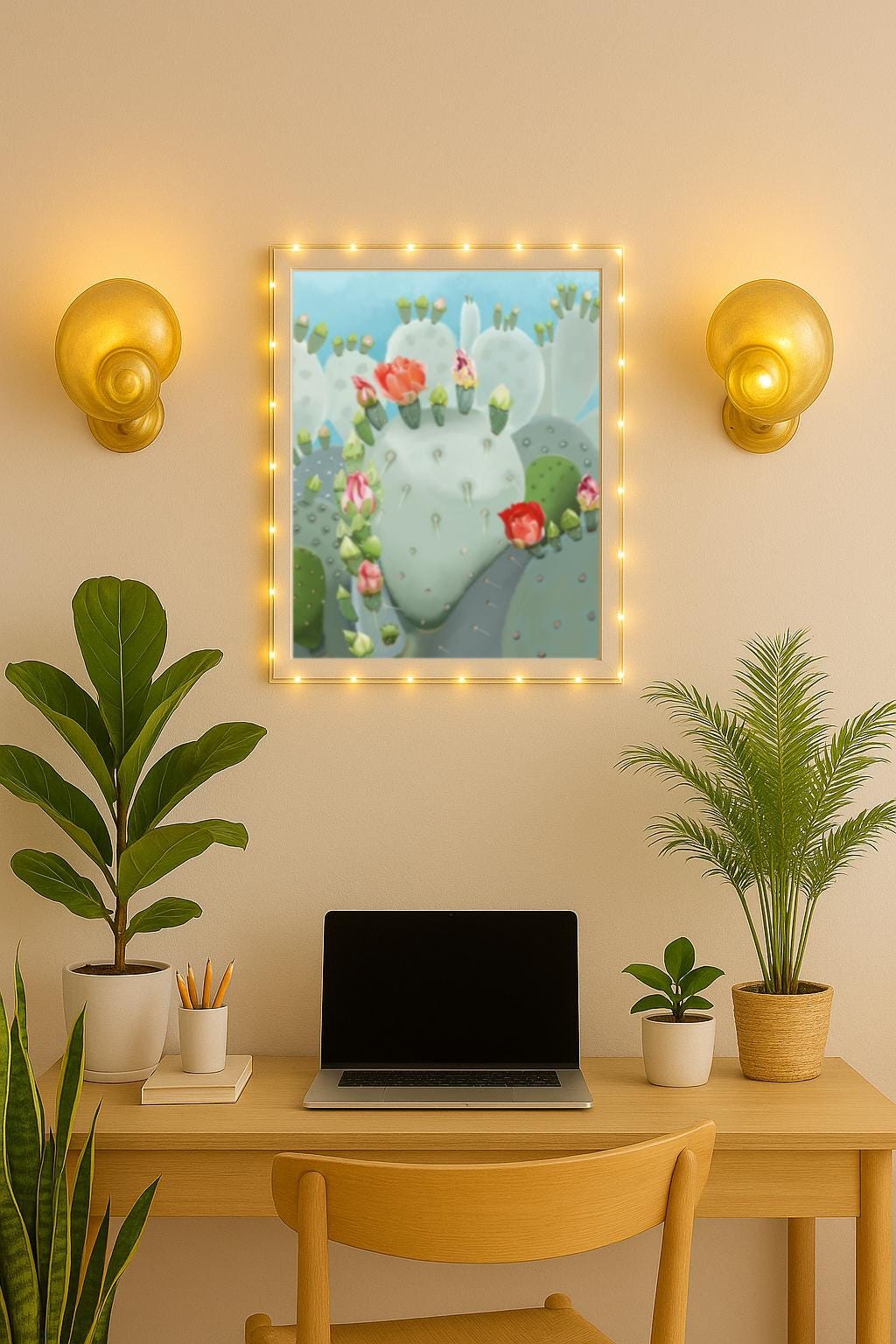 Cactus Bloom Wall Art – Hand Painted Prickly Pear with Desert Flowers