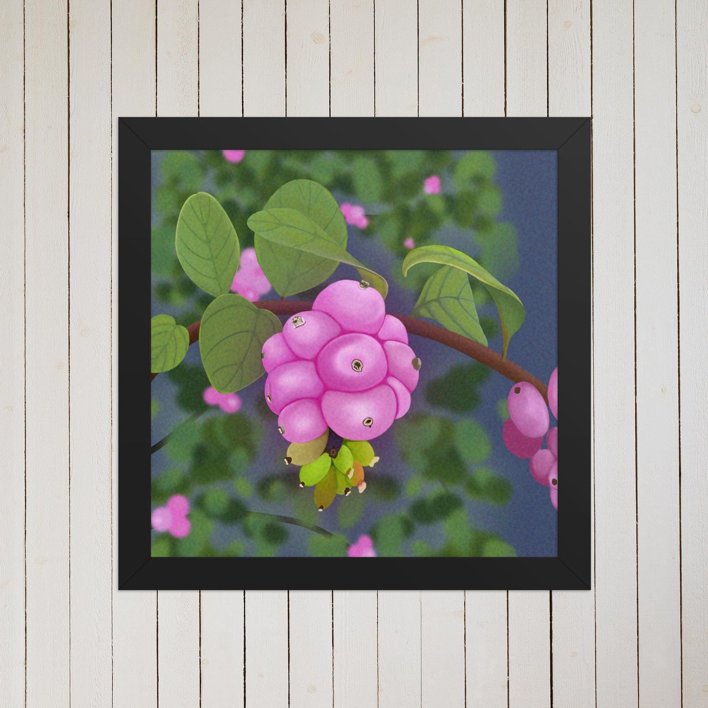 Pink Snowberries Botanical Print: Vibrant Watercolor Style Wall Art