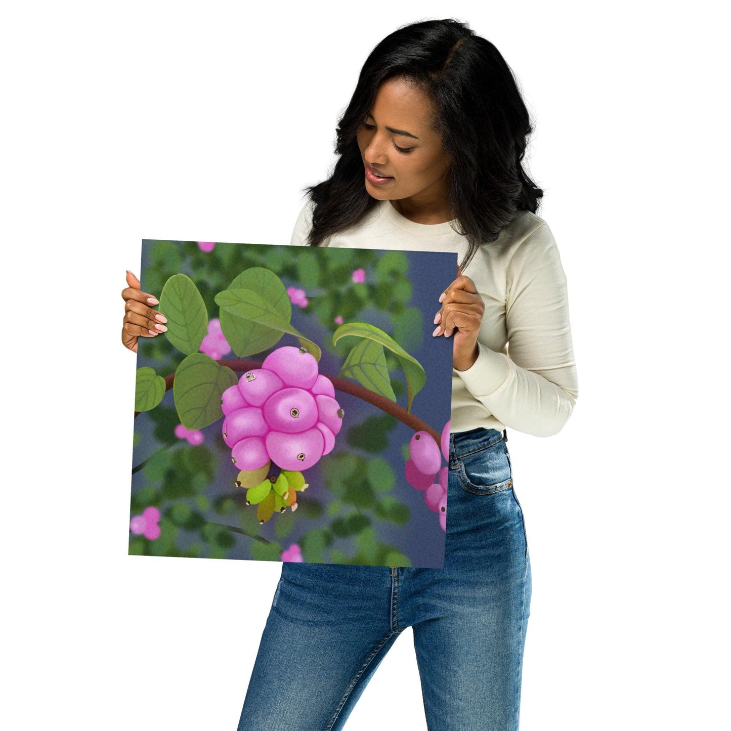 Pink Snowberries Botanical Print: Vibrant Watercolor Style Wall Art