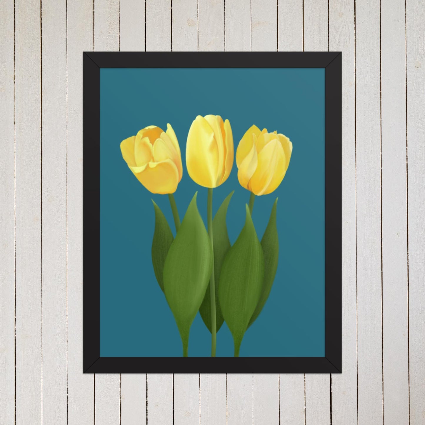 Yellow Tulip Floral Wall Art Print | Hand-Painted Botanical Decor on Teal