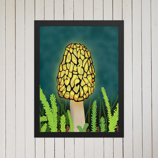 Glowing Morel Mushroom Art Print: Hand-Painted Forest Fungi Illustration