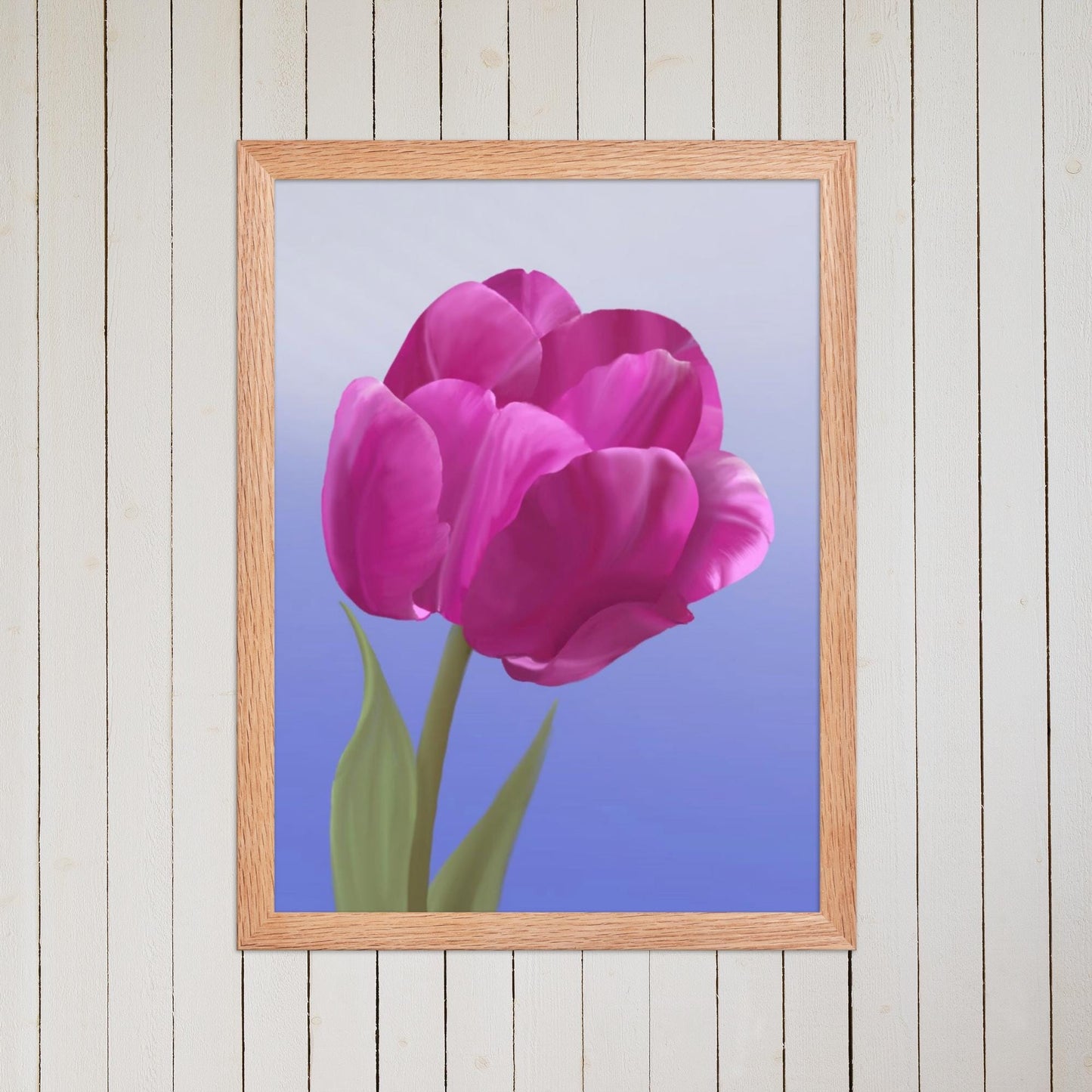 Fuchsia Tulip Art Print: Hand-Painted Botanical Illustration on Blue