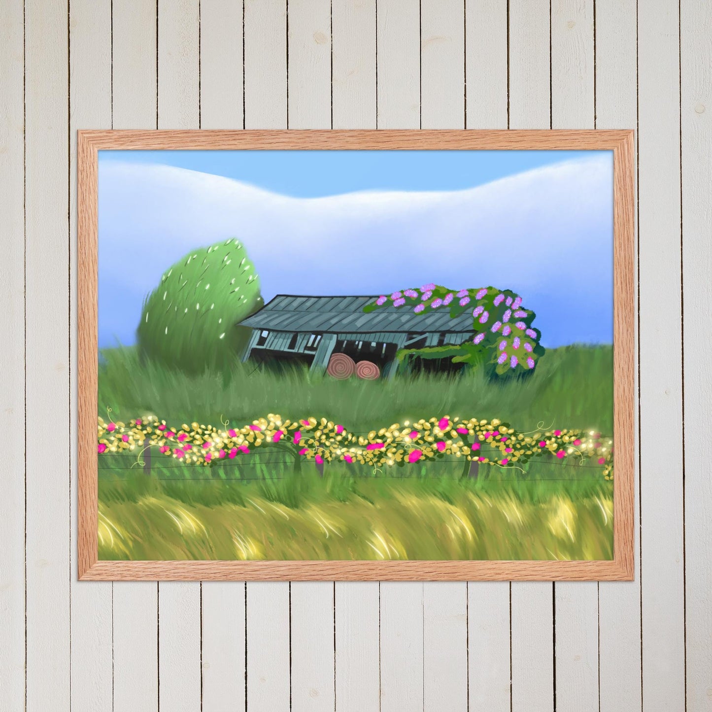 Countryside Barn Landscape Poster: Lilacs, Florals, Rustic Fence