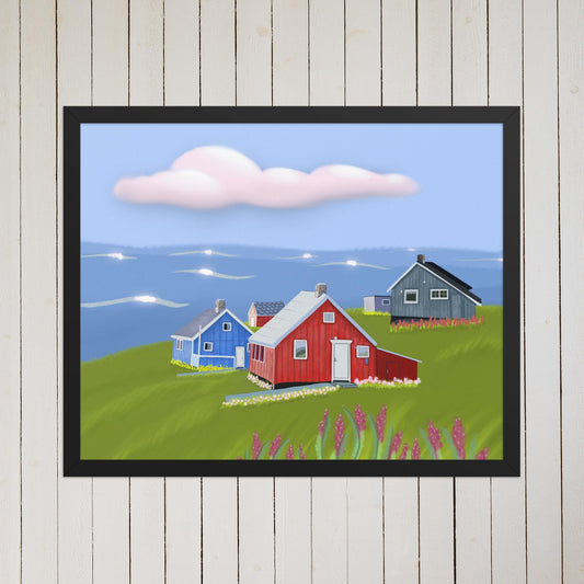 Coastal Fishing Village Art Print | Whimsical Ocean Shore Landscape | Beach Cottage Wall Decor