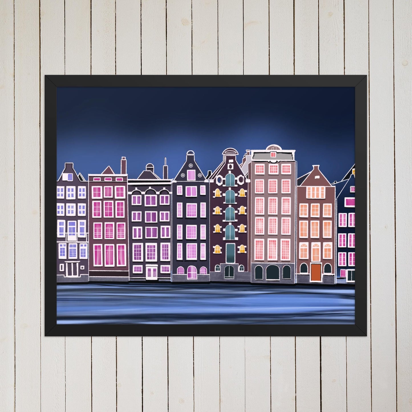 Amsterdam Canal House Print: Hand-Painted European Architecture, Framed