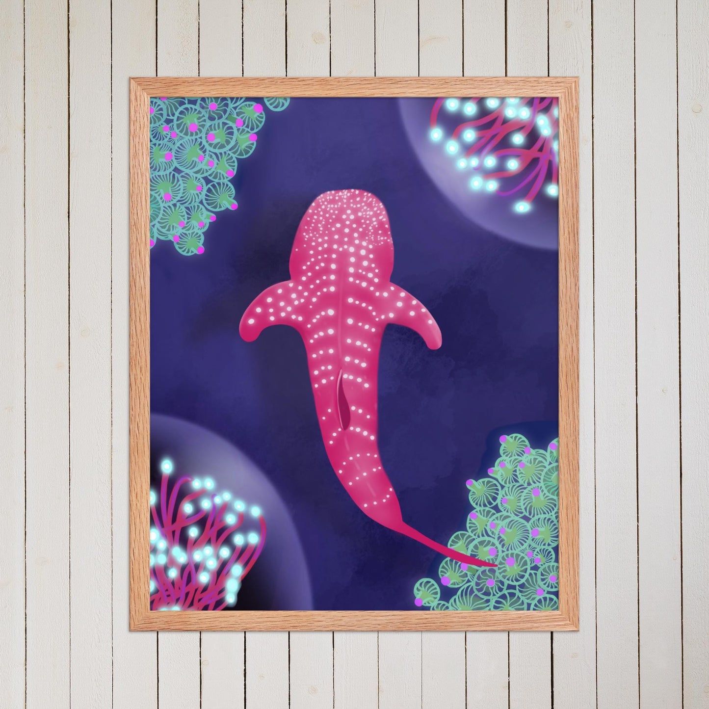 Pink Glowing Whale Shark Ocean Art • Underwater Sea Life Wall Decor