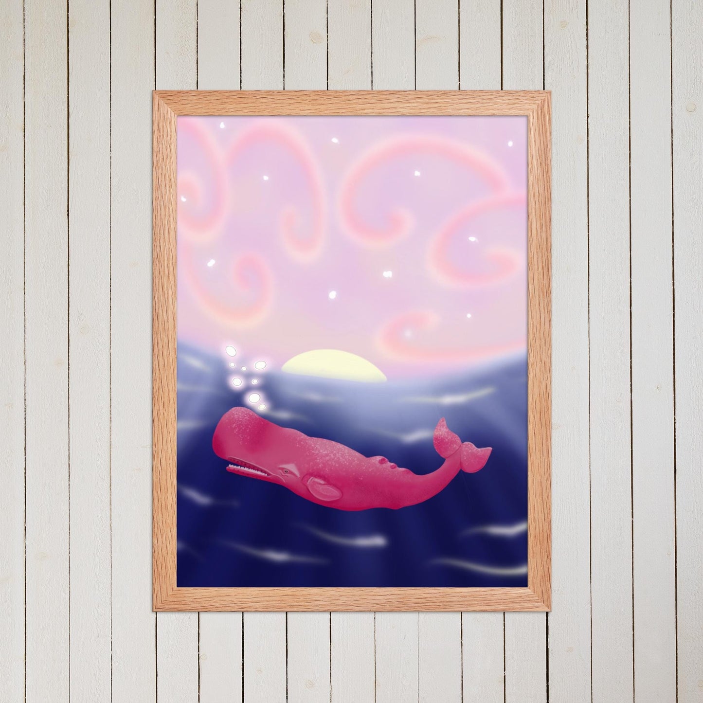 Pink Whale at Sunset – Framed or Print - Hand Painted Ocean Art Print