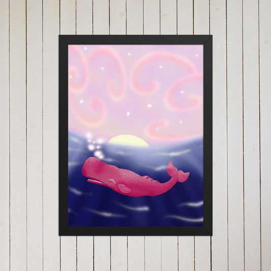 Pink Whale at Sunset – Framed or Print - Hand Painted Ocean Art Print