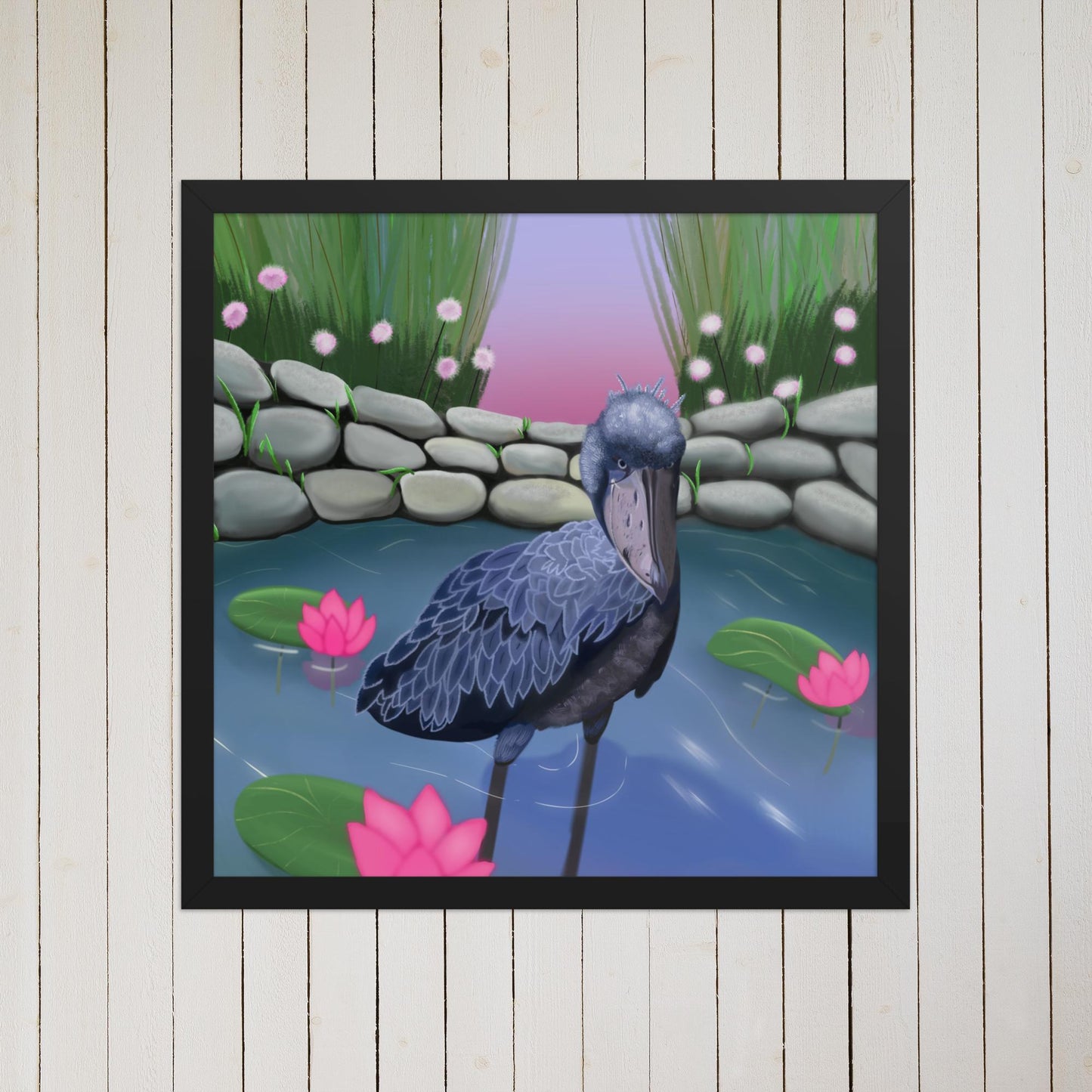 Shoebill Stork Wall Art | Hand-Painted Bird in Lotus Pond