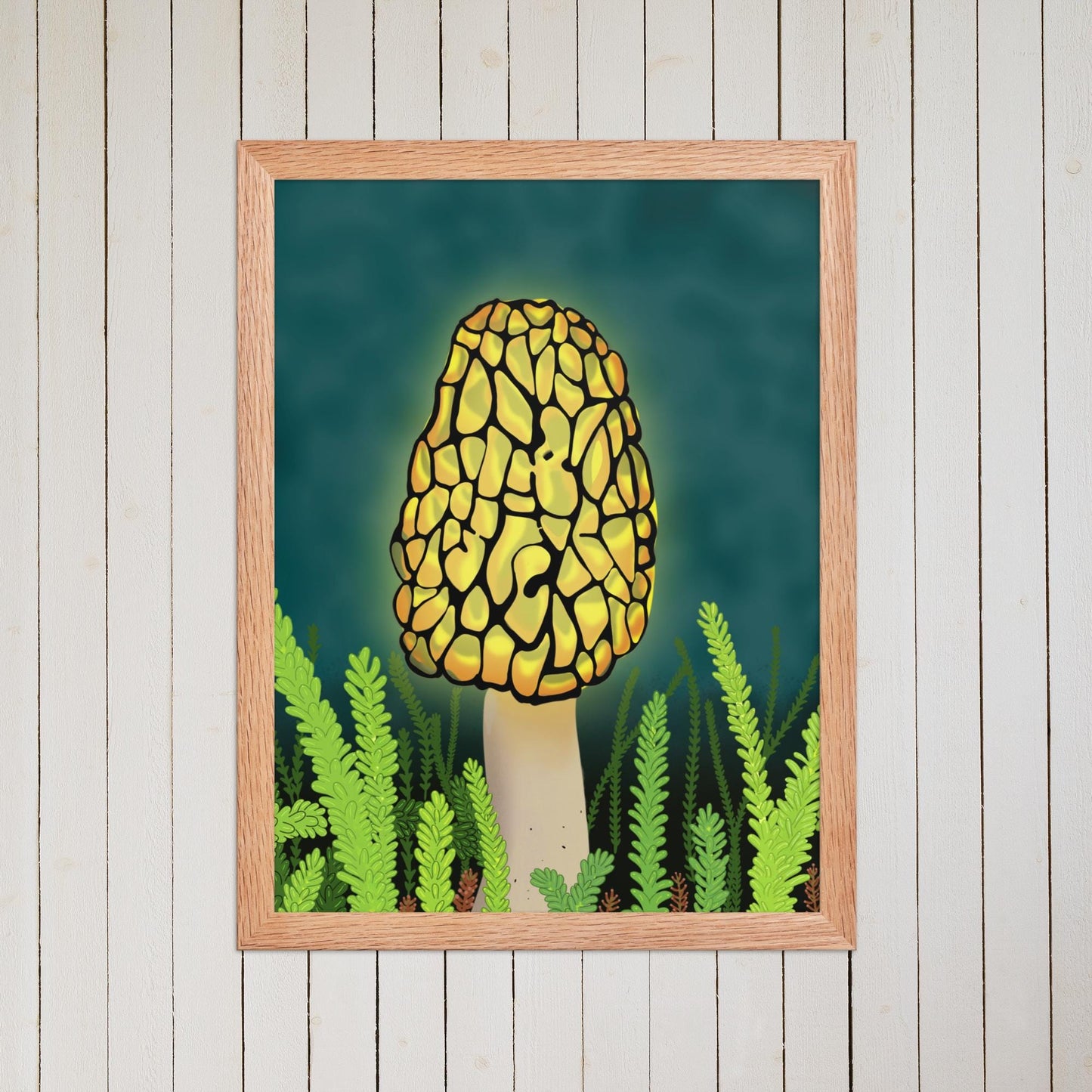 Glowing Morel Mushroom Art Print: Hand-Painted Forest Fungi Illustration